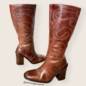 VINTAGE 1970’S Frye Conrad Swirl Stitch Embroidered Cognac Brown Tall Knee Boots